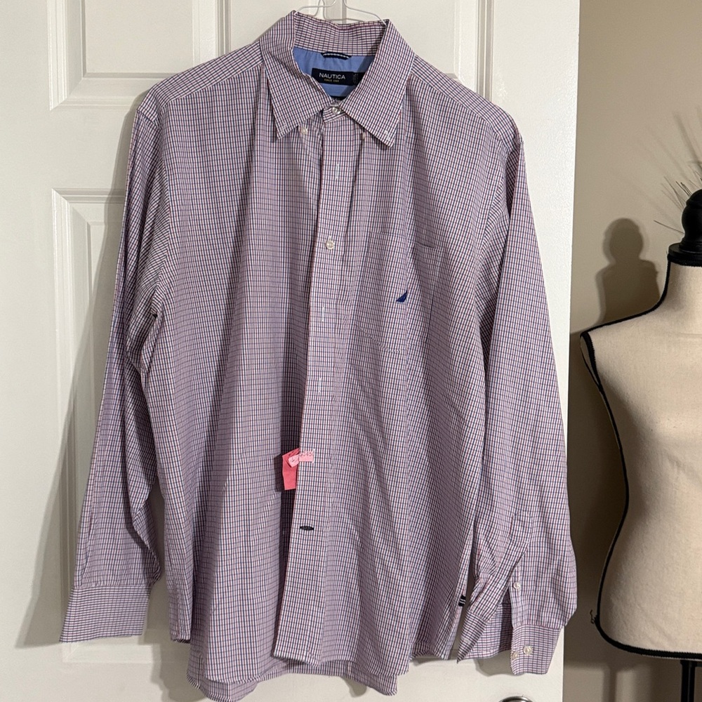 Nautica Blue and Red Checkered Button-Up Shirt